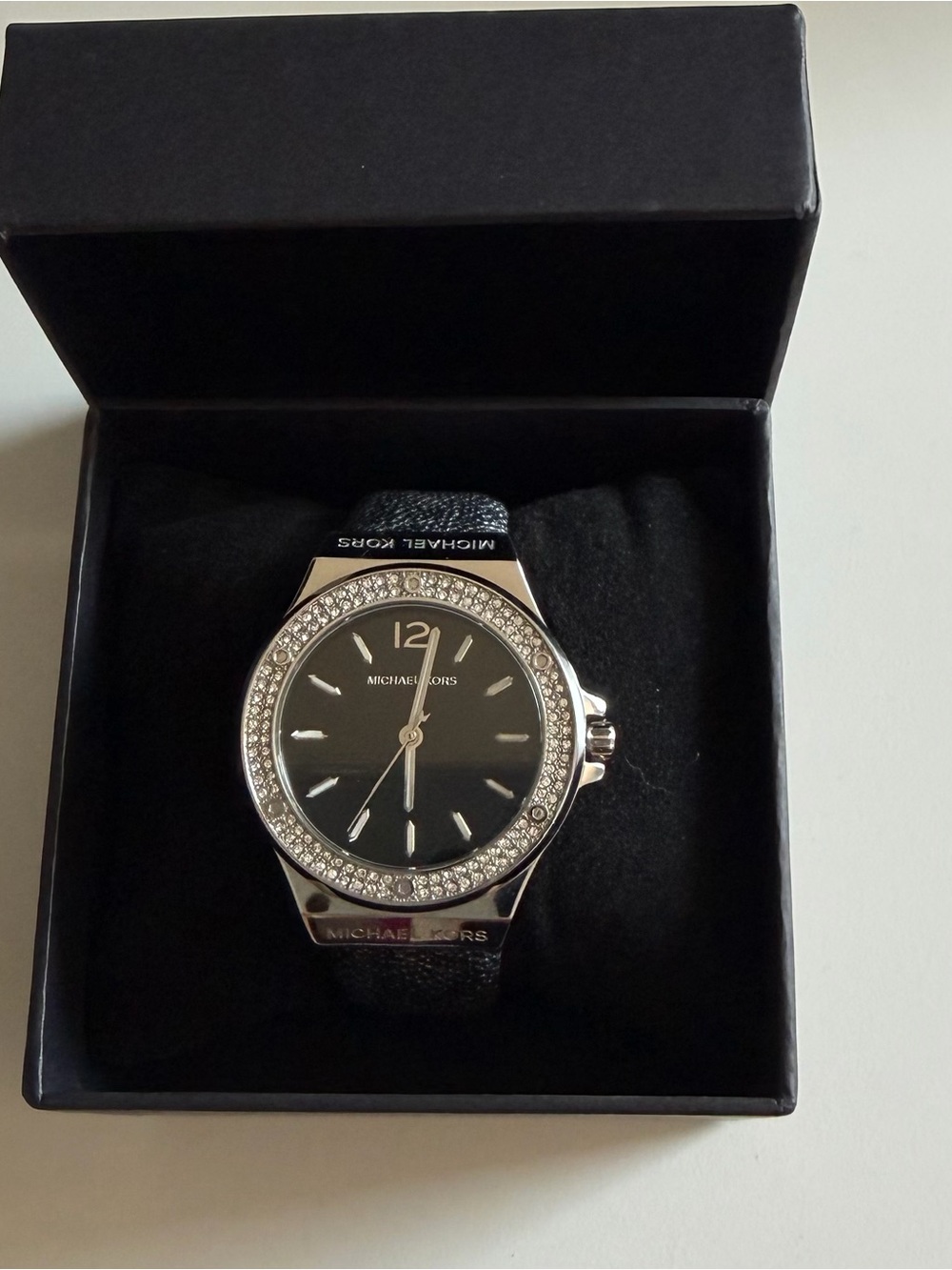 Michael Kors Black Dial Silver-Tone Crystal Bezel Watch Style# MK 7909